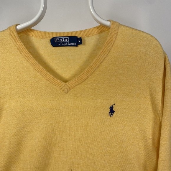 Polo Ralph Lauren 100% Merino Wool Jumper V-Neck Sweater Yellow Medium - Picture 5 of 14